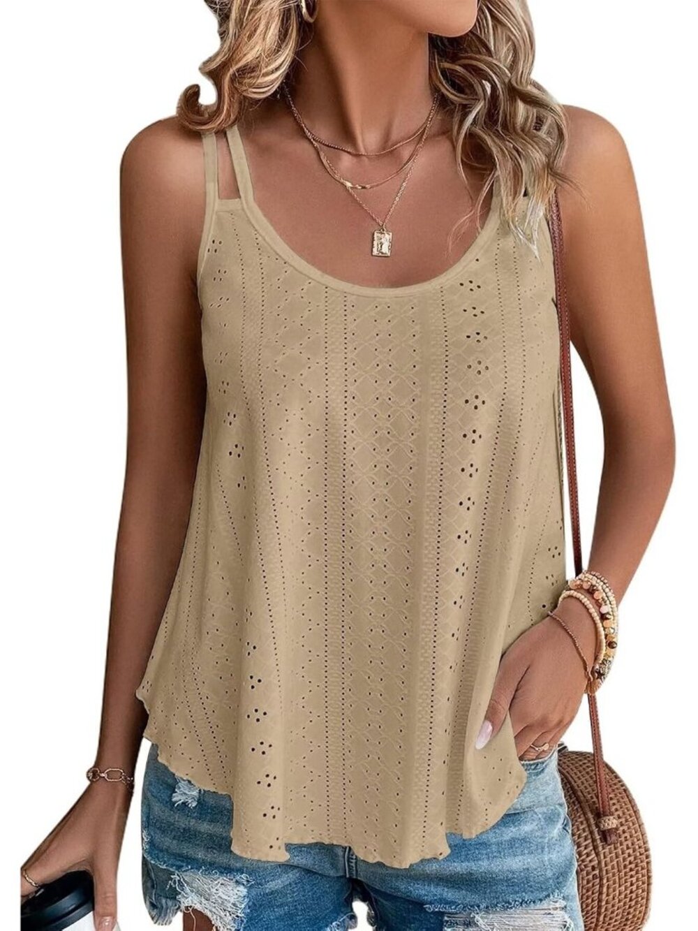 Women's Tan Eyelet Spaghetti Strap Loose Flowy Scoop Neck Cami Tank Top